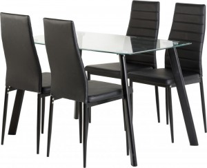 Abbey Dining Set in Clear Glass/Black/Black PU