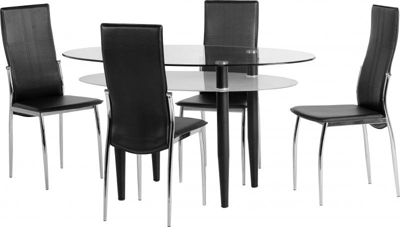 Berkley Dining Set In Clear Glass, Black Glass Oval Dining Table And With 4 Leather Chairs