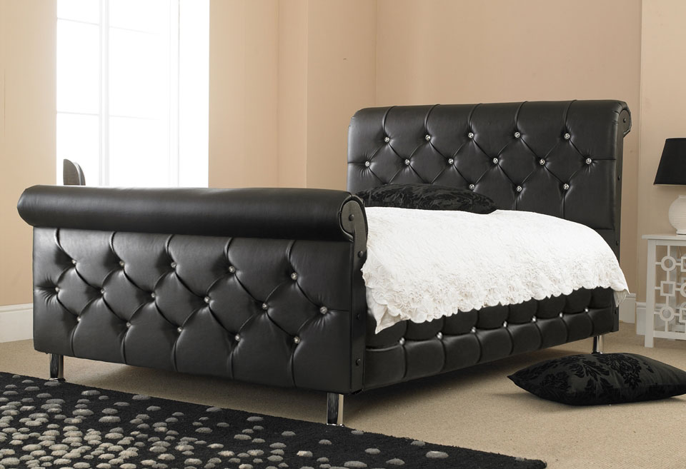 Diamond Sleigh Double Bed In Faux Leather, Black Leather Sleigh Bed Double