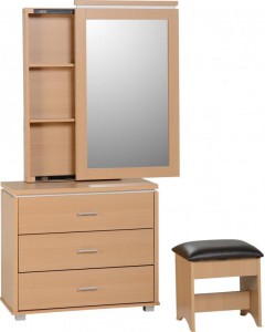 Julia 3 Drawer Dressing Table Set in Beech/White Trim/Brown PU