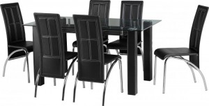 Stanton Dining Set in Clear Glass/Black/Chrome/Black PU